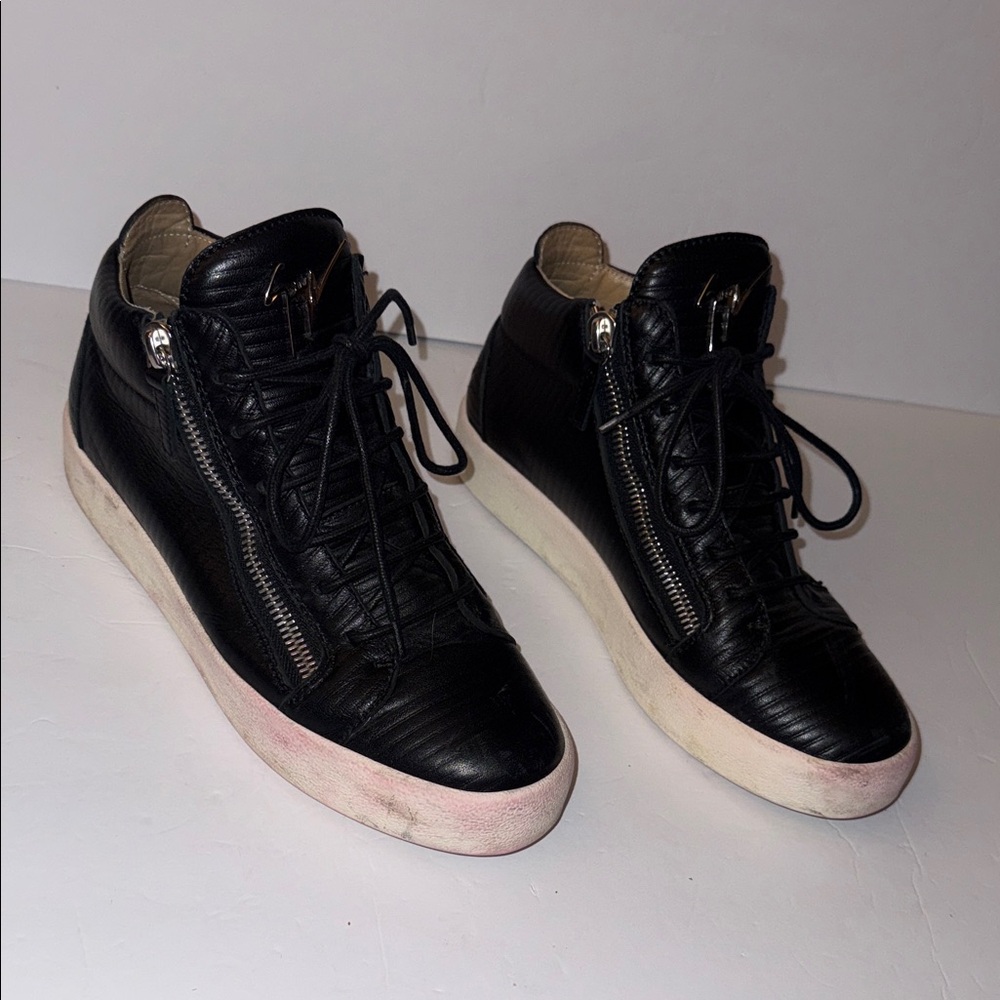 Giuseppe Zanotti Kriss Black Leather Side Zipper Mid Top Sneakers Men’s Sz EU 42